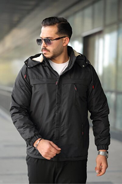 FASİON Men's Fur-Lined Water and Cold-Proof Winter Coat Jacket with Detachable Hood