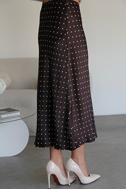 Julidress Bitter Brown Polka Dot Elastic Waistband Slit Cut Midi Length Premium Satin Skirt