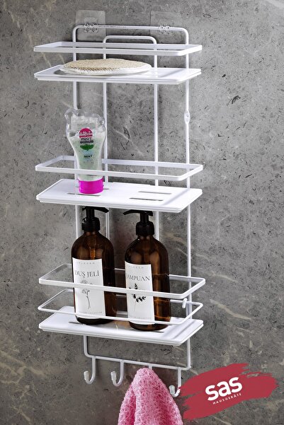 Sas Haus 3-Tier Adhesive Bathroom Shower Shelf with Hooks – Adjustable Crystal Shelf (Stick-On/Screw-On) White-White