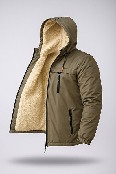 FASİON Men's Fur-Lined Water and Cold-Proof Winter Coat Jacket with Detachable Hood