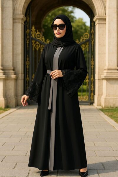 N.S NEVA STYLE Grey Hijab Abaya with Fly Sleeves 55084Gr