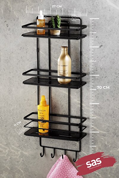 Sas Haus 3-Tier Adhesive Bathroom Shower Shelf with Hooks – Adjustable Crystal Shelf (Stick-On/Screw-On) Black-Black