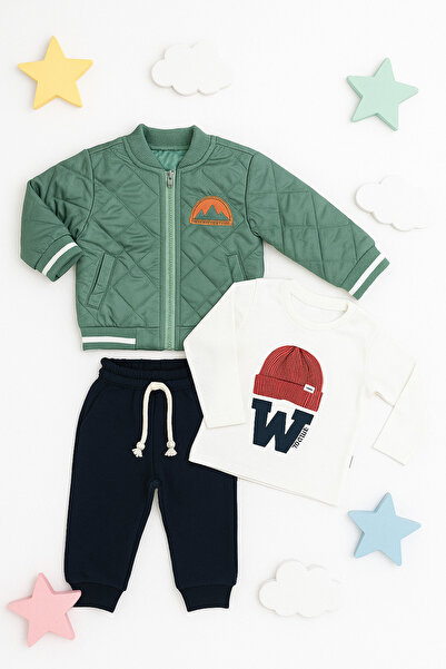 AKİ MODA KİDS Baby Boy Quilted Patterned Coat Tracksuit Sweatshirt 3-Piece Baby Boy Suit Set