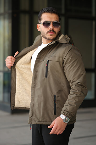 FASİON Men's Fur-Lined Water and Cold-Proof Winter Coat Jacket with Detachable Hood