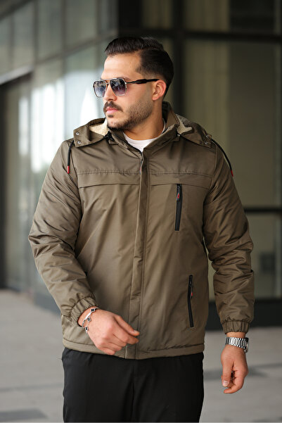 FASİON Men's Fur-Lined Water and Cold-Proof Winter Coat Jacket with Detachable Hood