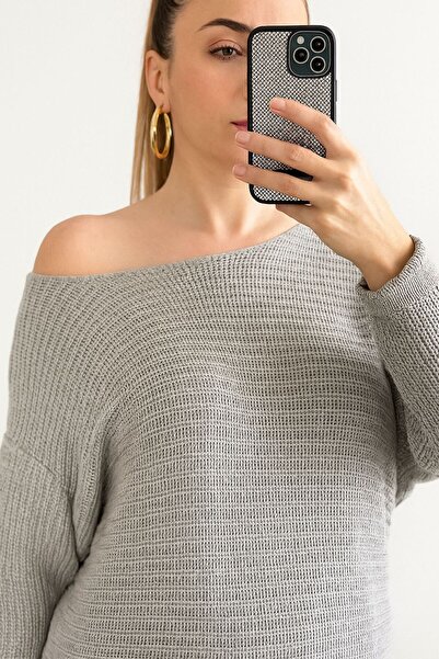 WellWay Boat Neck Glitter Fabric Thin Knit Sweater-Grey