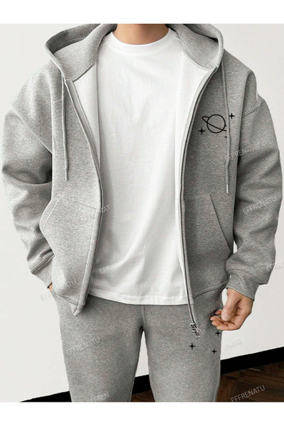 EFFRENATU Gray Plus Size Trend Prints Hooded Zipper Sets