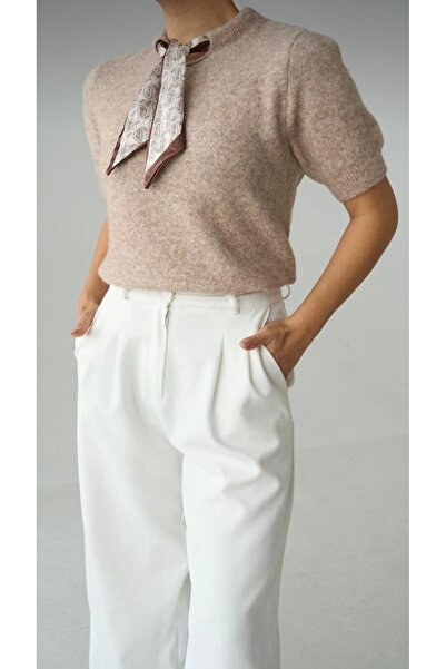 Qu Style Fularlı Kısa Kol Kazak