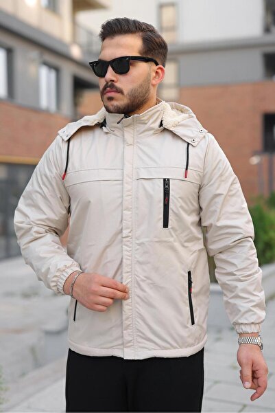 FASİON Men's Fur-Lined Thick Coat with Detachable Hood, Waterproof and Windproof
