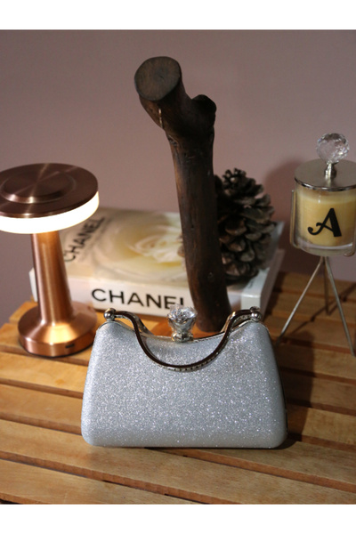 Alvora Silver - Black Glitter Stone Detailed Handle Women's Evening Dress Bag...