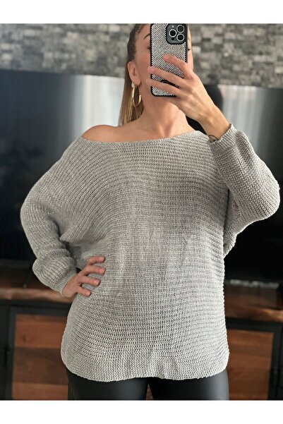 WellWay Boat Neck Glitter Fabric Thin Knit Sweater-Grey