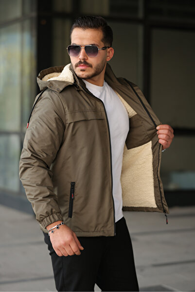 FASİON Men's Fur-Lined Water and Cold-Proof Winter Coat Jacket with Detachable Hood