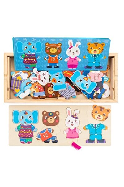 OEM Wooden puzzle with 4 animals (elephant, bear, rabbit and tiger) - interchangeable pieces