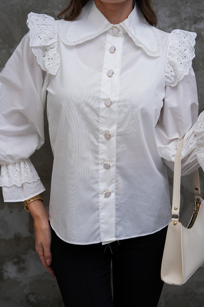 FancyWorld Apron Collar Button Detail Brode Pattern Princess Sleeve Shirt