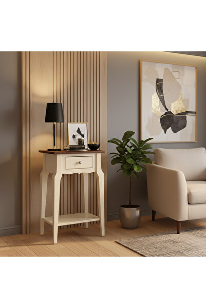 Wooding Mobilya Masif Konik Krem Ceviz Raflı Yan Sehpa - Saksılık