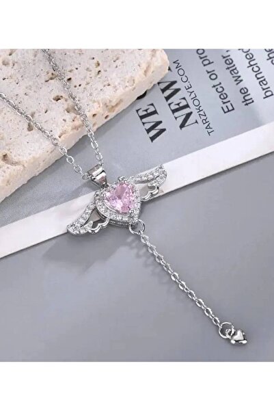 ASALEA Pink Stone Angel Plays Winged Steel Heart Necklace - Gold & Silver (High Quality, Does Not Tarnish, Does Not Lose Color)