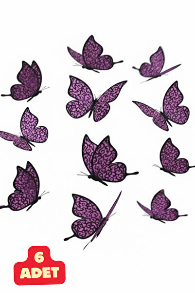 Baloncu Dede 6 Adet Mor Kelebek 3D Parlak Gerçek Görünüm Sticker Yapışkanlı D...