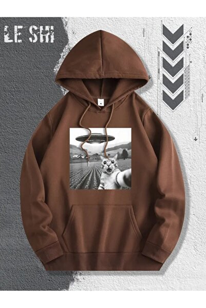 LAYORA 0 Ufo and Alien Cat Graphic Printed Comfortable Hooded Sweatshirt