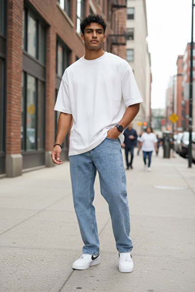 dehaine Men's Baggy Jeans, navy blue, simple pattern, 11082