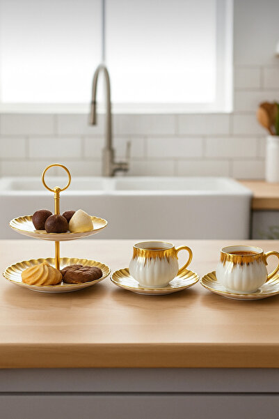 CEZVE HOME Enzo Gold Detailed Porcelain 2-Piece Coffee Cup and 2-Tier Serving Presentation Set
