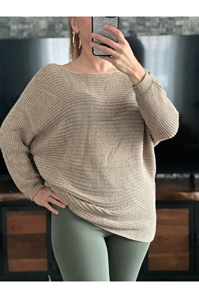 WellWay Boat Neck Glitter Fabric Thin Knit Sweater-Stone
