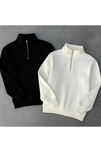 FS CABİN 2Likombin Half Zipper Cotton Black Sweat-Padded Cotton 3 Threads