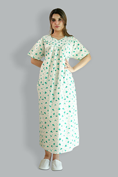 Comfort Over Everything Printed Cotton Green Nighty - Lace Neck
