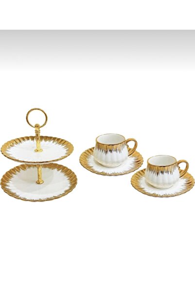 CEZVE HOME Enzo Gold Detailed Porcelain 2-Piece Coffee Cup and 2-Tier Serving Presentation Set
