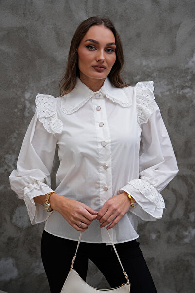 FancyWorld Apron Collar Button Detail Brode Pattern Princess Sleeve Shirt