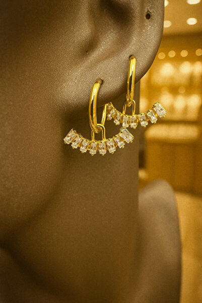 SEZİNİN TAKI DÜKKANI Steel Dangling Cutout Baguette Stone Earrings