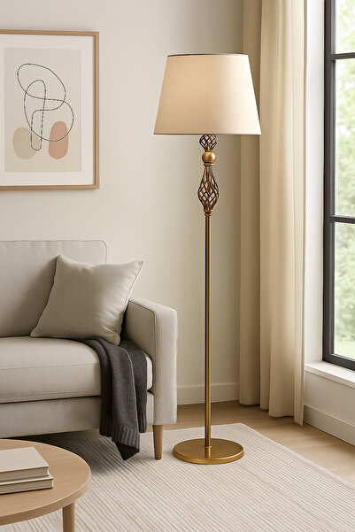 Vinner Plus Şelale Eskitme Mat Gold Bej Şapkalı Metal Lambader – Dekoratif Ev Salon Aydınlatması