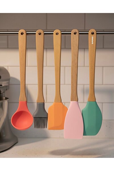 abnturk 5 Parça Bambu Saplı Renkli Silikon Mutfak Seti Kaşık Spatula Fırça Ka...