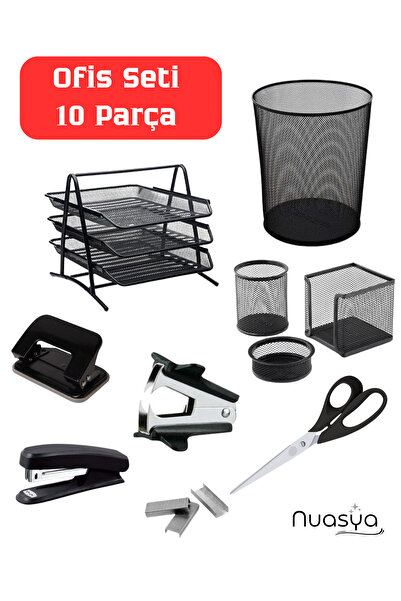 Nuasya 10 Parça Metal Masaüstü Ofis Seti – Perfore Evrak Rafı, Kalemlik, Çöp ...