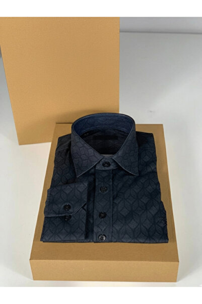 YusGos Long Sleeve Cotton Easy Iron Geometric Pattern Regular Fit Premium Personality Men's Shirt