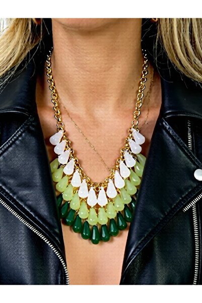 COCOSH TAKI Authentic Bohemian Multi-Statement Necklace with Green Stones and Gold Details