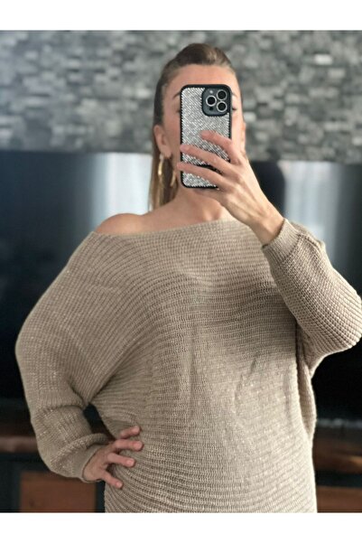 WellWay Boat Neck Glitter Fabric Thin Knit Sweater-Stone