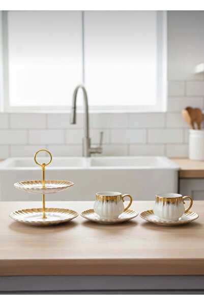 CEZVE HOME Enzo Gold Detailed Porcelain 2-Piece Coffee Cup and 2-Tier Serving Presentation Set