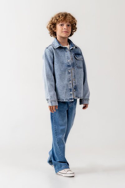 Magu Unisex Children's Cotton Light Blue Denim Shirt and Wide-Leg Jeans Set – Comfortable Casual Outfit