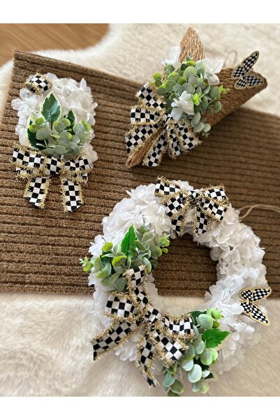 Marrone Beyaz Kapı Süsü Kapı Önü Paspası Hasır Sepet 3'lü Set