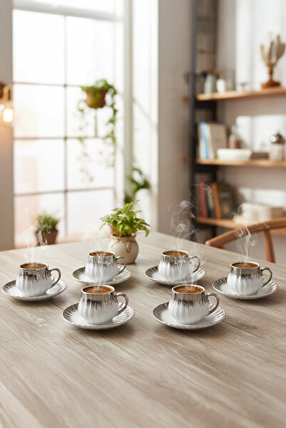 Vadi Enzo 6-Piece Luxury Silver Detailed Porcelain Coffee Cup Set