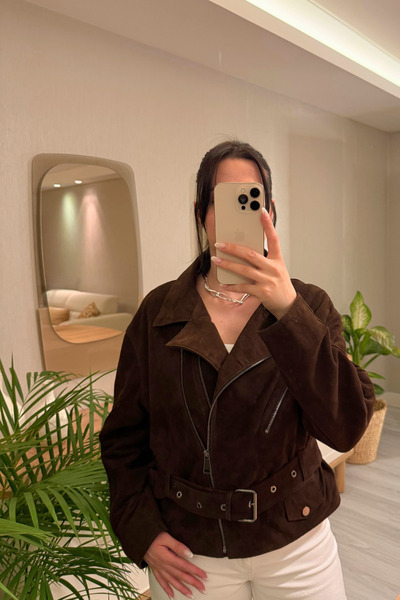 De Morque Acı Kahve Süet Kadın Biker Kemerli Ceket