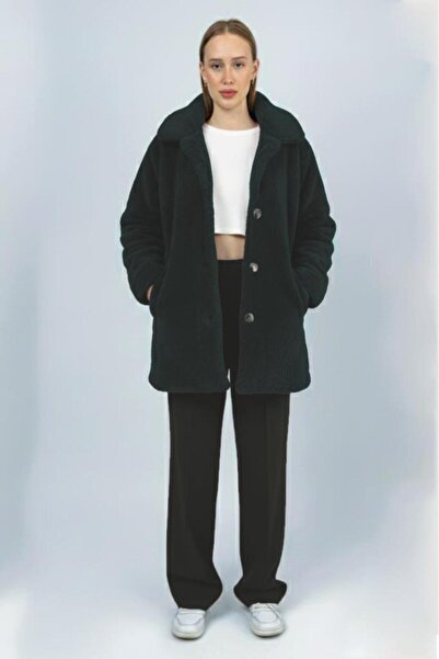 Betimoda Women's Plush Buttoned Pocketed Teddy Shirt Collar Warm Soft Winter Coat Navy Blue