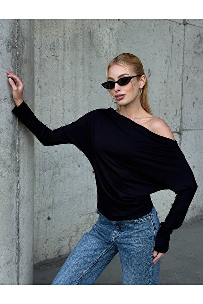 MAMAYAGA Women's Boat Neck Full Stretch Asymmetrical Cut Comfort Sports Stylish Design Soft Blouse