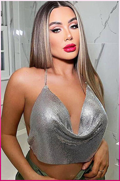 Veille Κρυστάλλινο ασημί πέτρινο λαμπερό κορμάκι & μπλούζα χωρίς μανίκια με λαιμόκοψη για πάρτι στην παραλία