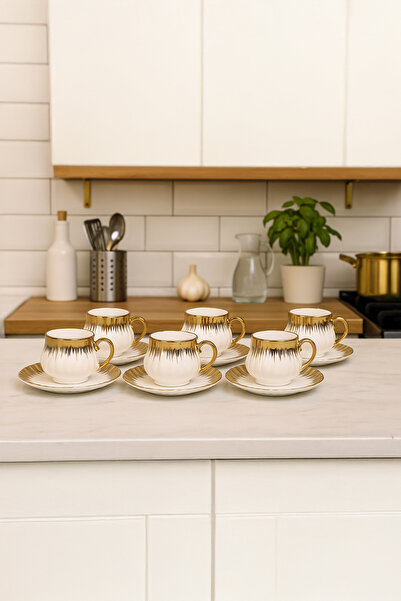 Vadi Enzo 6-Piece Luxury Gold Detailed Porcelain Coffee Cup Set