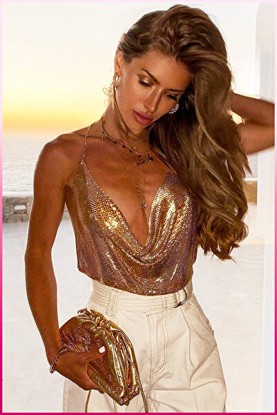 Veille Crystal Gold Stone Shiny Crop & Blouse Sleeveless Boat Neck Party Beach Bustier