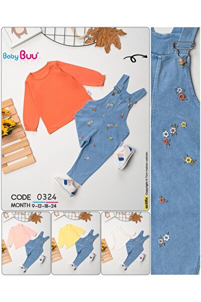 Baby Buu Bebek Kot Salopet Takımı 2’li – Çiçek Nakışlı – Uzun Kollu Üstlü – K...