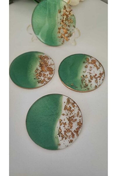 demet art studio Epoxy Green Colored Gold Foil Coated Set of 4 Coasters