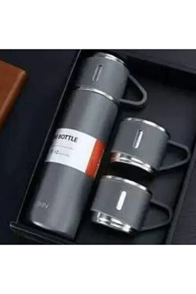 BASE Stainless steel thermos set with 3 cups 500ml insulated glass for hot and cold drinks GREY