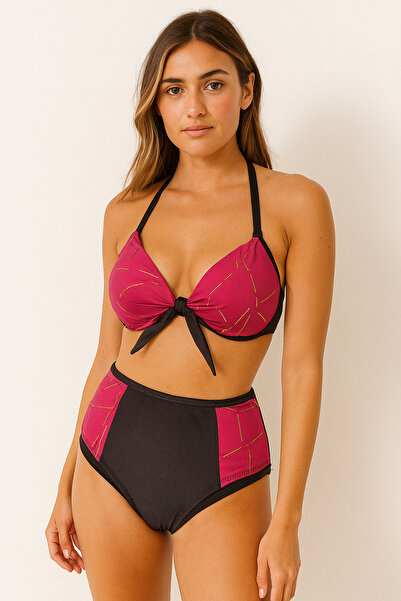 Avoria Destekli Bağlamalı Bikini Takımı – Yüksek Bel Alt & Fuşya-Siyah Desenli